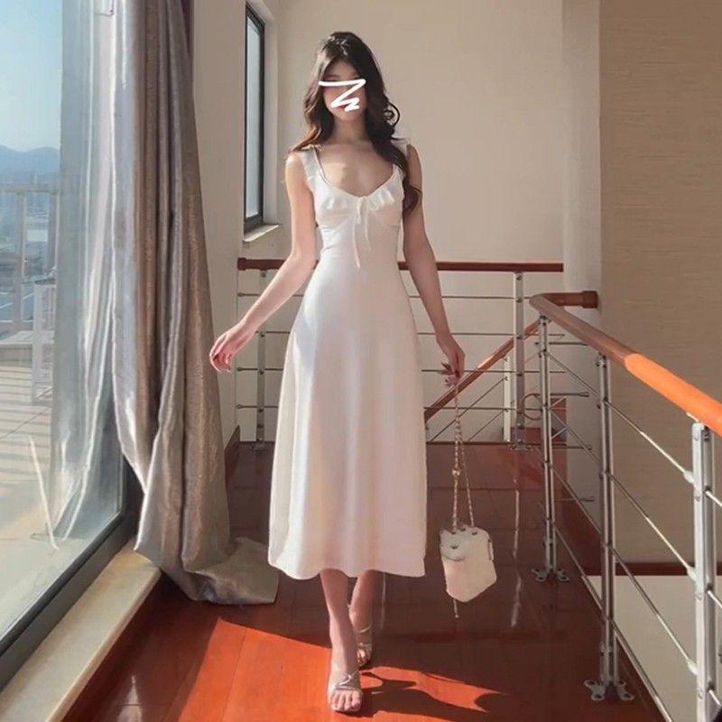

Design-Sense Drapey Camisole Maxi Dress: Deep V Backless, Summer Layer, White Wine Red Small белый