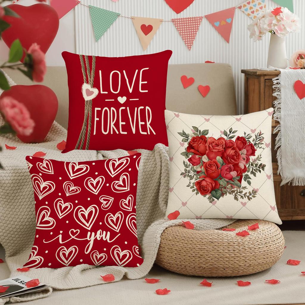 4Pcs Valentine'S Day Red Heart-Shaped Pattern Pillow Cover, Home Decoration, Used For Sofa Cushion Cover (Excluding Pillow Core)