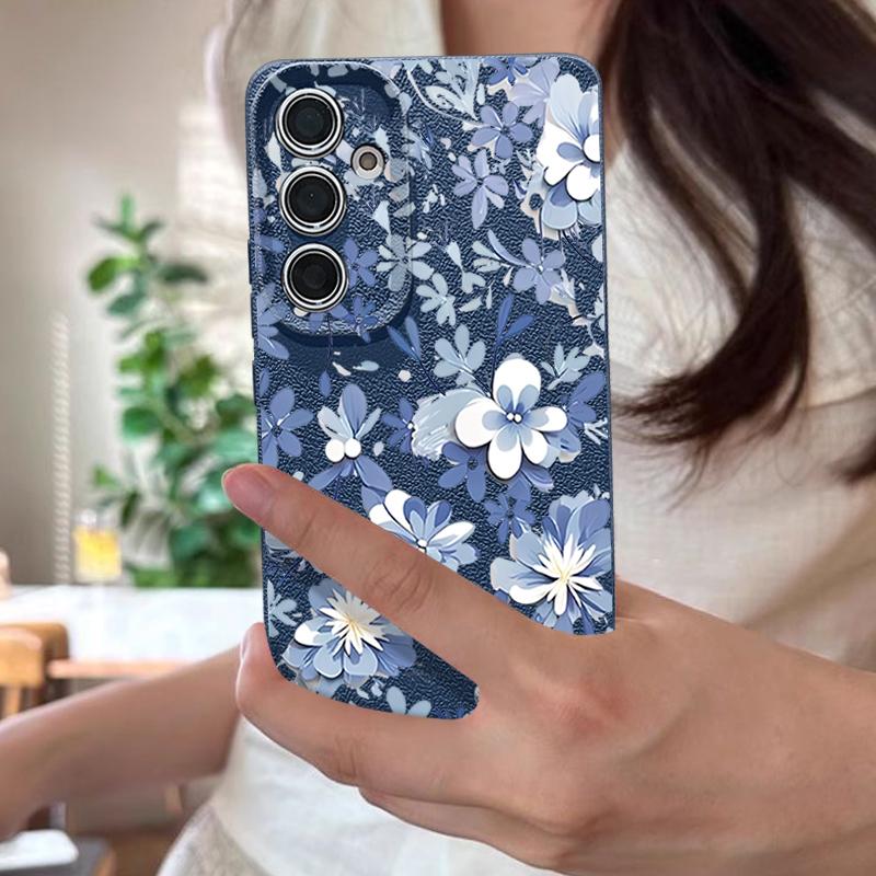 S26 Ultra Case Luxury Blue and White Flowers Pattern Leather Texture Soft Silicone Cover For Samsung Galaxy S25 Edge S24 Ultra S23 S22 Plus S21 FE