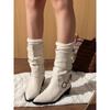 Sheepskin Version~ Pointed Thick Heel White Short Boots Women's 2025 New British Style Belt Buckle Thick Heel Temperament Martin Boots