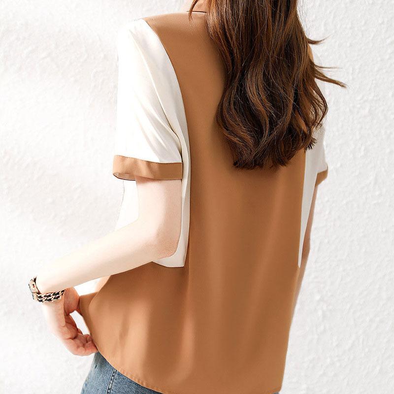 Office Lady Stylish Contrasting Colors Patchwork Shirt Summer Elegant Single-breasted Women's Clothing Turn-down Collar Blouse