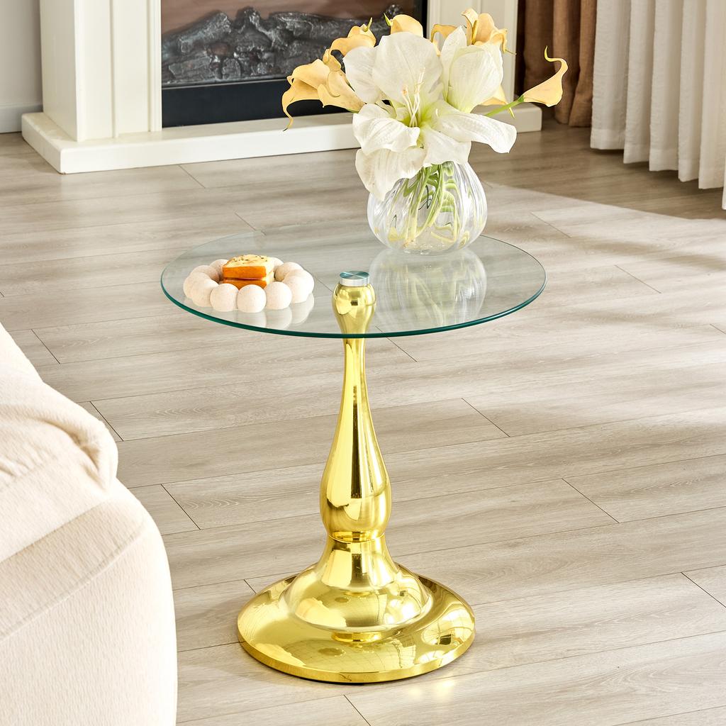 Round Glass Side Table Modern, Elegant Coffee Table with Tempered Glass Top & Stable Base, Compact Sofa Table for Living Room Bedroom (Table Only)