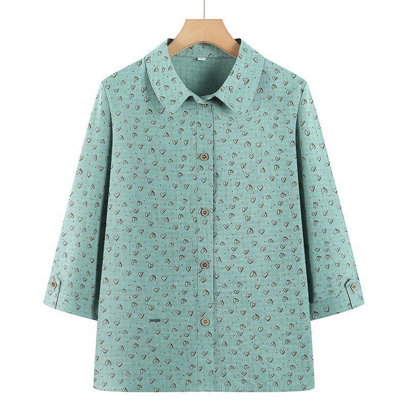 Mid-aged & Elderly Women s Floral Cotton Shirt, 3/4 Sleeve, Loose Plus Size Top 5XL (145-160 pounds)