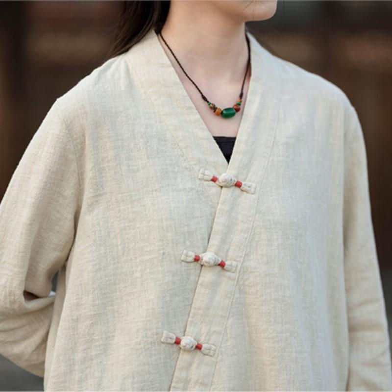 Johnature Women Vintage Shirts Tops V-Neck Long Sleeve Spring Blouses Solid Color Loose Spring Shirts
