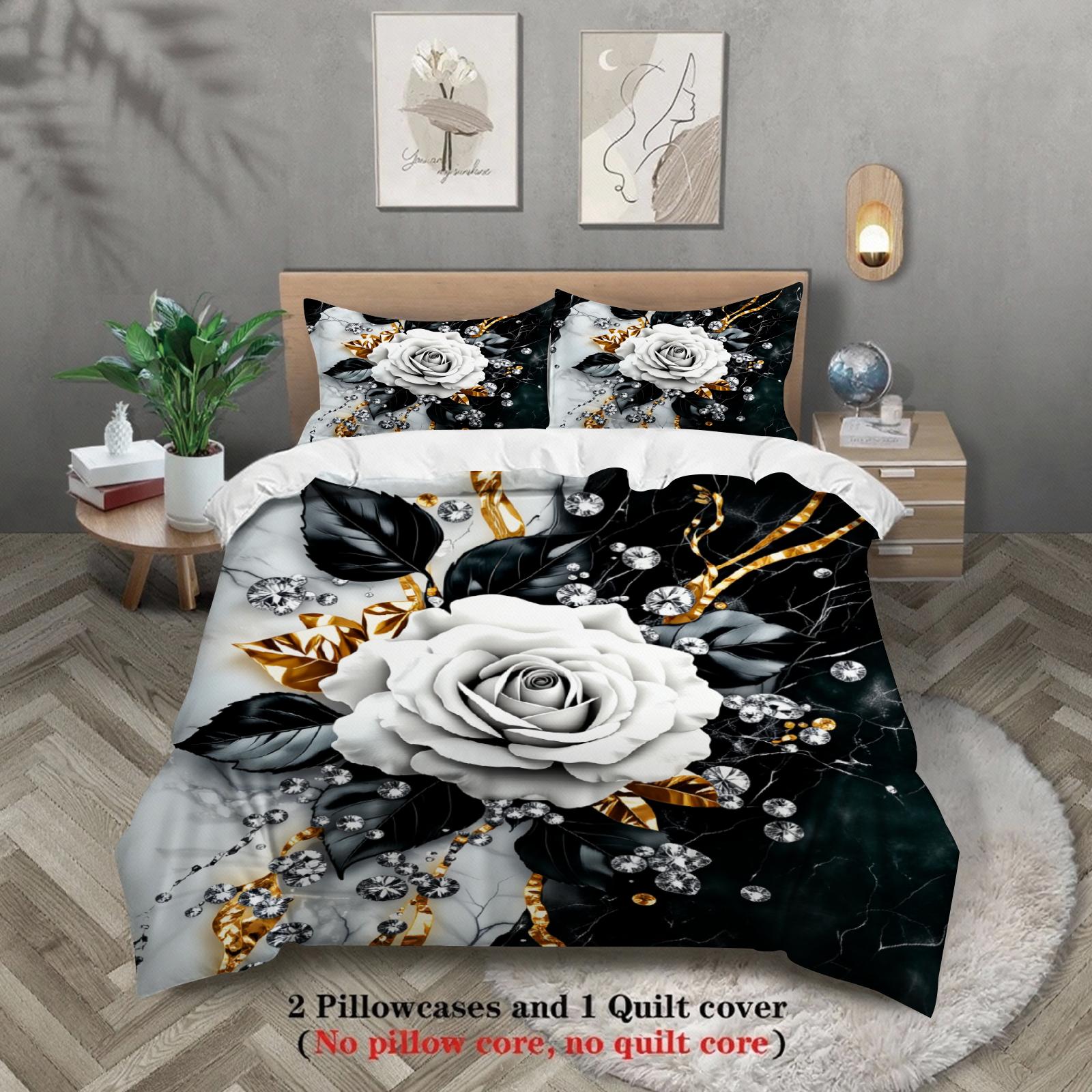 

3pcs Rose Flower Bedding Sets 3D Printed Black White Gold Floral Duvet Cover Sets With Pillowcases No Filling Luxury For Women AU Queen(210x210cm)