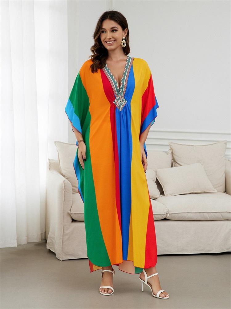 EDOLYNSA Flag Color Printed Boho Hand-knit V Neck Bat Sleeve Beach Dress 2024 Summer Women Loose Kaftan Beachwear Swimsuit Cover Up