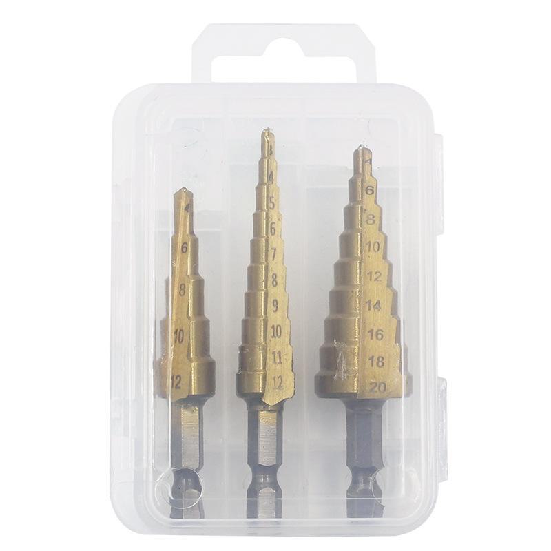 

Набор ступенчатых сверл с титановым покрытием и шестигранным хвостовиком, 3-12/4-12/4-20, в коробке, бита Pagoda, набор для расширения отверстий.