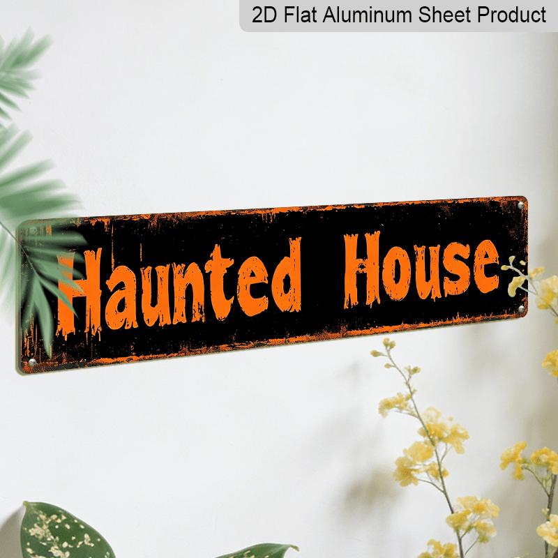 2D Flat 1pc of Vintage Gothic Haunted House Metal Sign - Large 15.7×3.94inch Horror Themed Distressed Font and Bold White Letters - Heavy-alumium