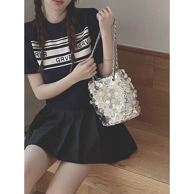 

Французская нишевая сумка с пайетками женская лето 2025 новая модная сумка-ведро сумка на цепочке сумка под мышкой сумка-мессенджер серебряный