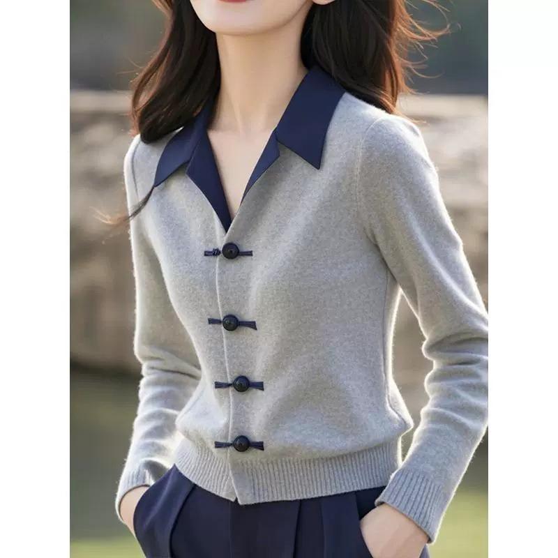 Gray Olo Neck Knitted Sweater Top Autumn and Winter New Women's Small Short Fake Two-piece Cardigan