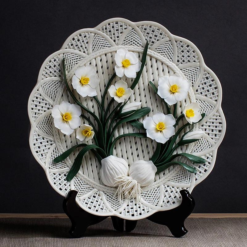 Pure Handmade HomeDecor Ceramic Art Hanging Plate Peony Flower Plate Chinese Craft Gift Creative LivingRoom Decoration Ornaments