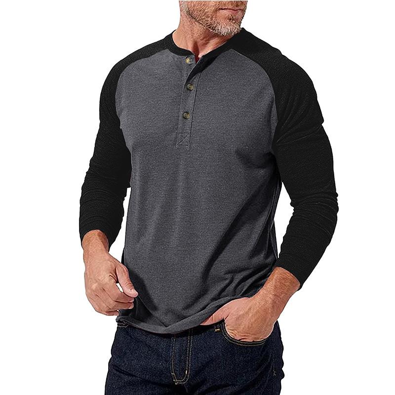 New Autumn and Winter Men's Long-sleeved Color-blocked Henry Shirt Men's Round Neck T-shirt Spliced Contrasting Color Slim Body