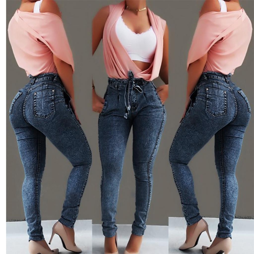 Women Elastic Butto Tassel Loose  Denim Casual Small Feet  Slim Fit Jeans