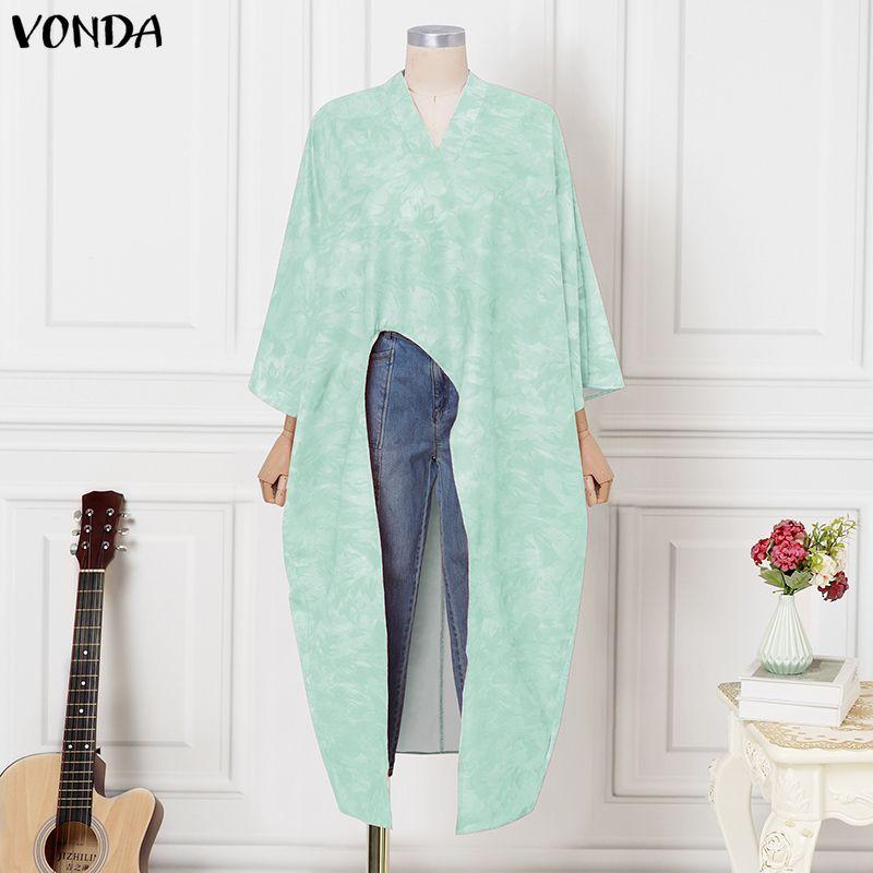 VONDA Oversized Women V Neck Long Sleeve High Split Irregular Print Long Blouse Tops M зелёный