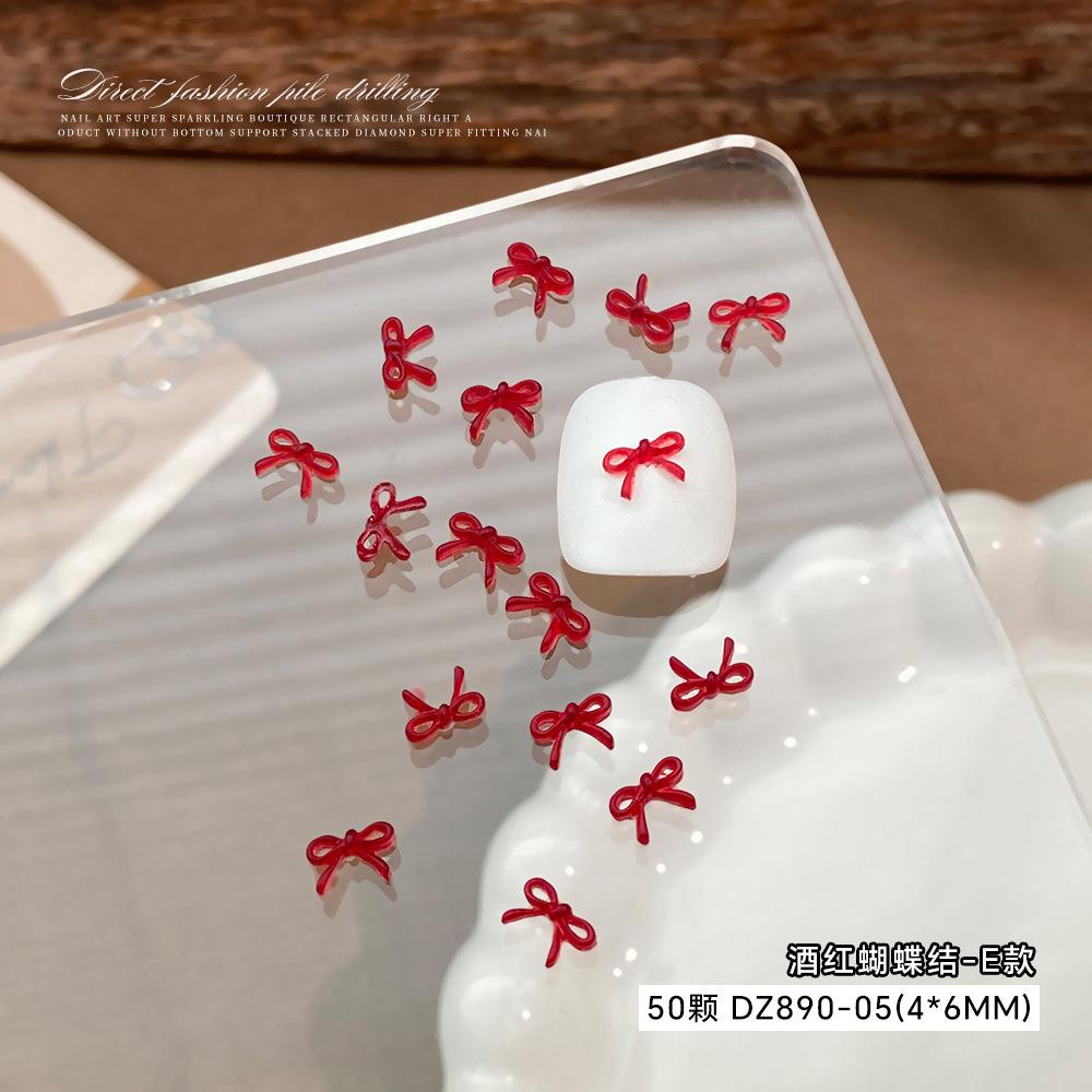 Wine Red Bow Nail Accessories Popular Online Items Solid Color Three-dimensional Hollow Tie Cartoon Resin