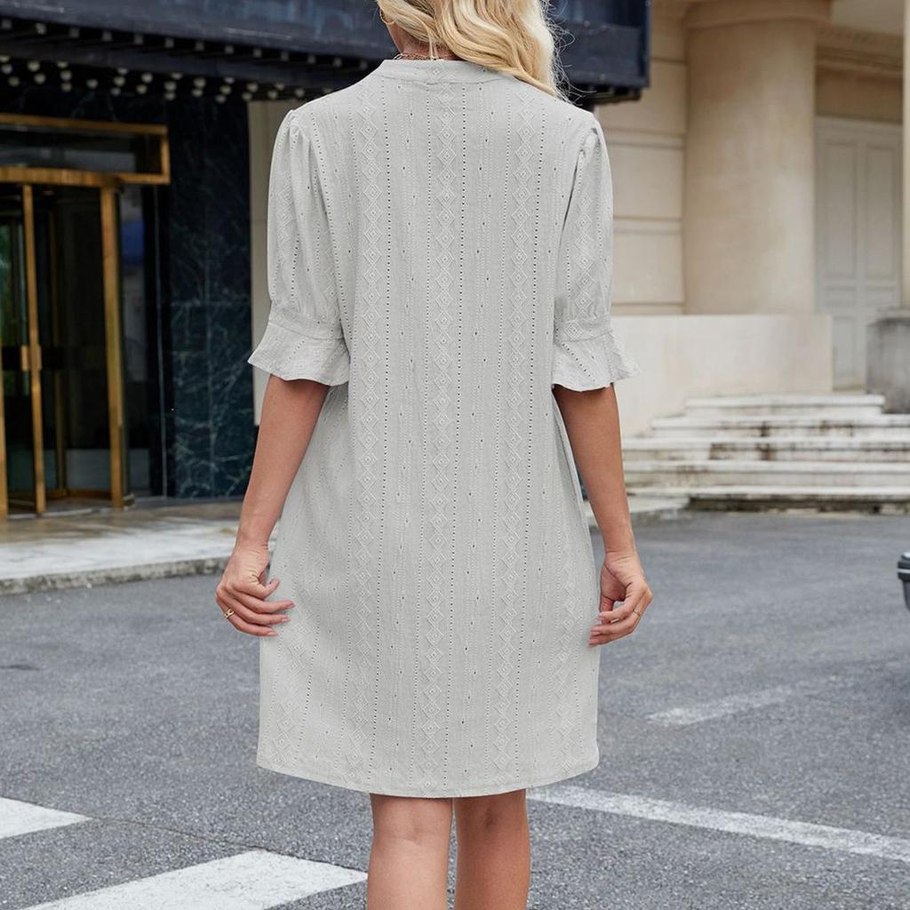 Women's Loose Casual Solid Color Five Quarter Sleeve V-neck Loose Dress Fashionable Dress