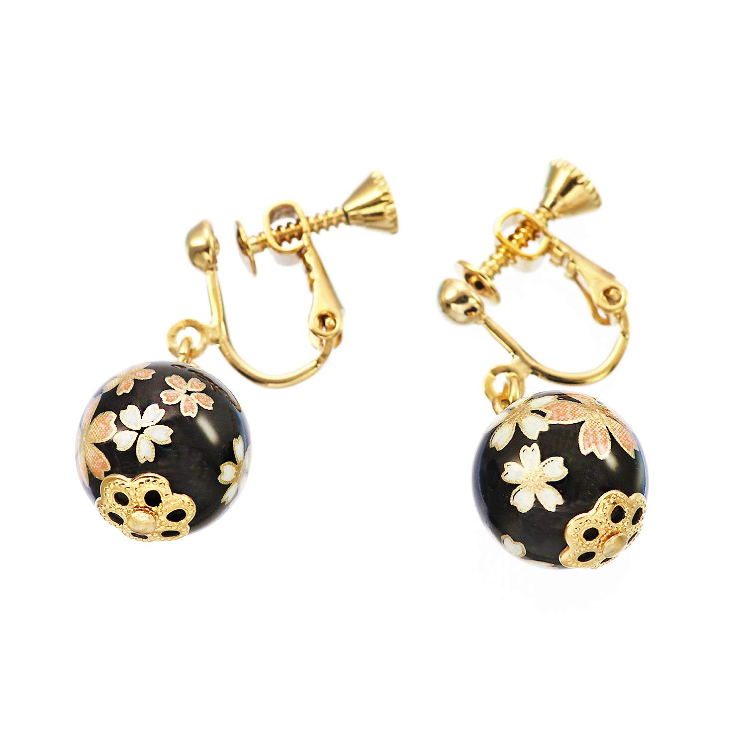 

Earrings Cherry Blossom Pattern Sakura Swaying Screw Spring Gold Black Black [Barzaz]