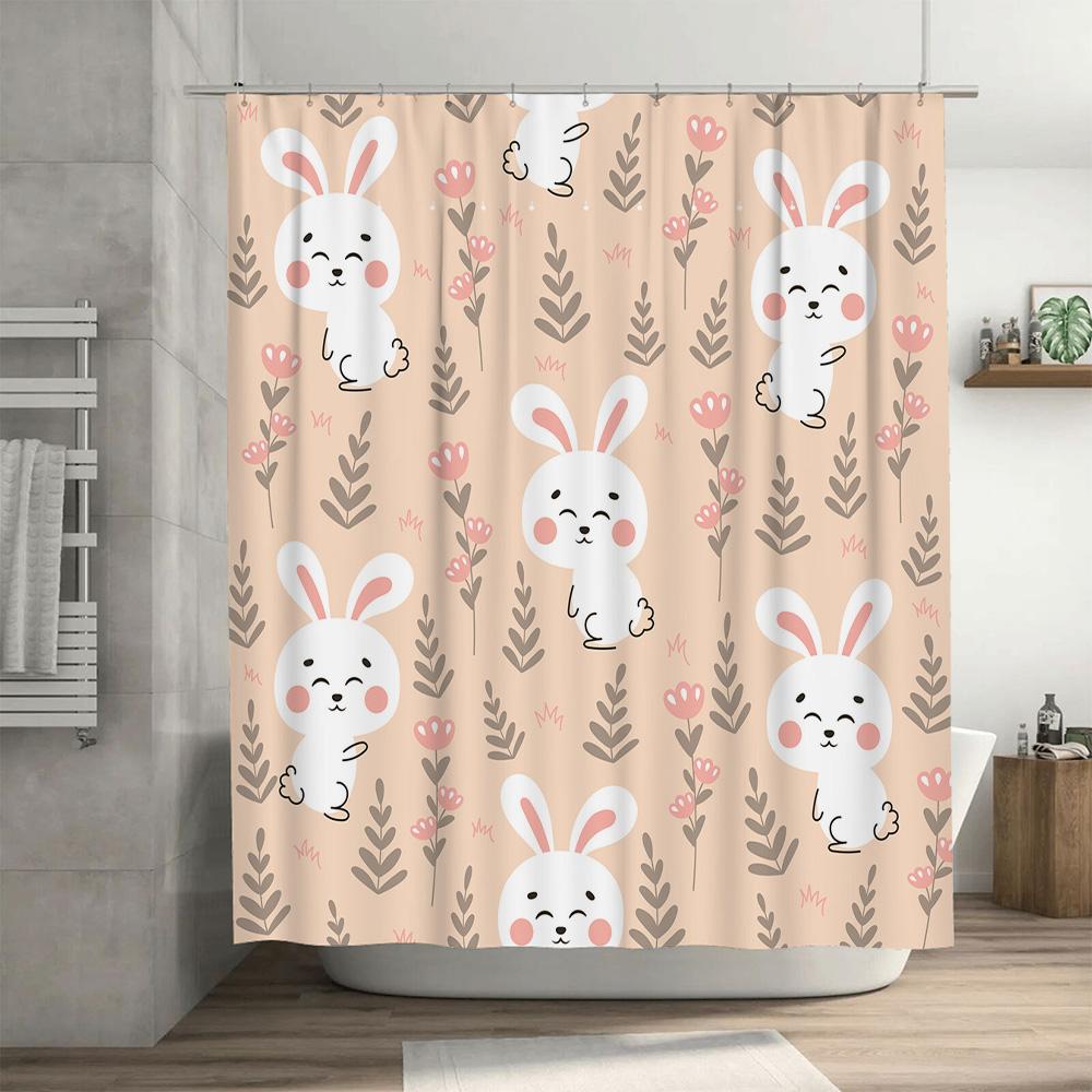 Adorable Rabbit Shower Curtain Pink Floral Print for Bathroom Decor Polyester Fabric with Hooks Customizable Size