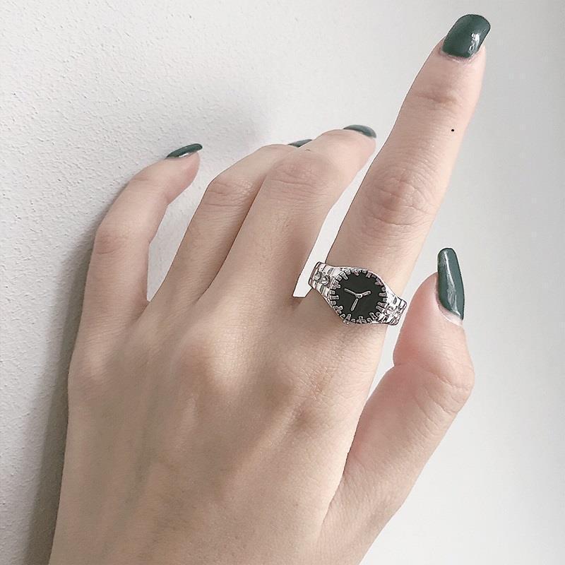 Adjustable Open Ring With Crystal-Embellished Watch Design Women Men Vintage Style Finger