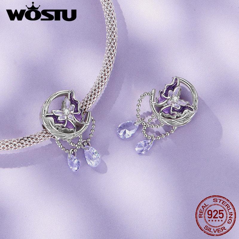 WOSTU Mystic Purple Series 925 Sterling Silver Butterfly Charms Elf Pendant Drop Zircon Moon Beads Fit DIY Bracelet Neckalce
