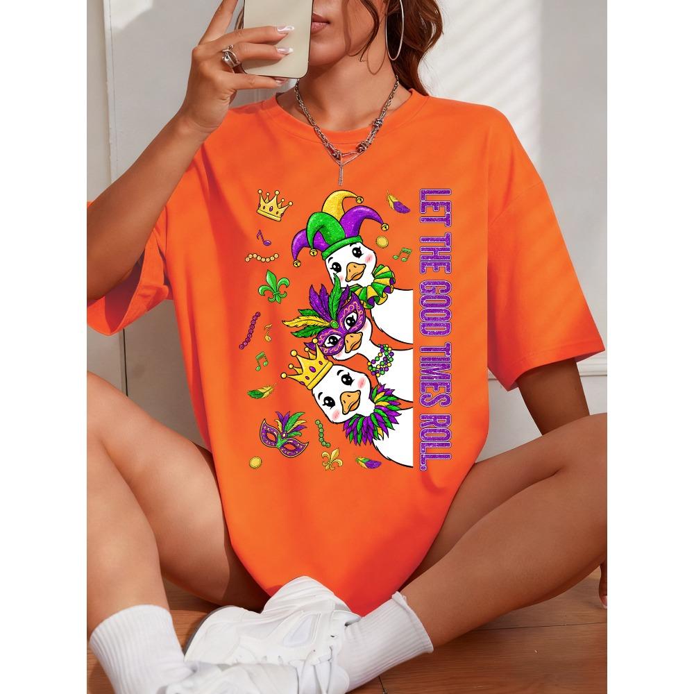 Let The Good Times Roll Mardi Goose Print Women T-Shirt Casual Breathable Short Sleeve Cotton Loose Tops O-Neck T Shirts