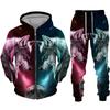 Men's Zipper Hoodie Set 3D Printed Animal Wolf Sportswear/Pants Casual Street Long Sleeve Loose Spring Autumn 2 Piece Set