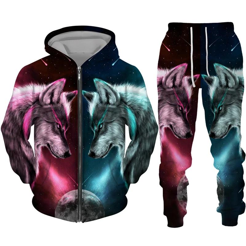Men's Zipper Hoodie Set 3D Printed Animal Wolf Sportswear/Pants Casual Street Long Sleeve Loose Spring Autumn 2 Piece Set