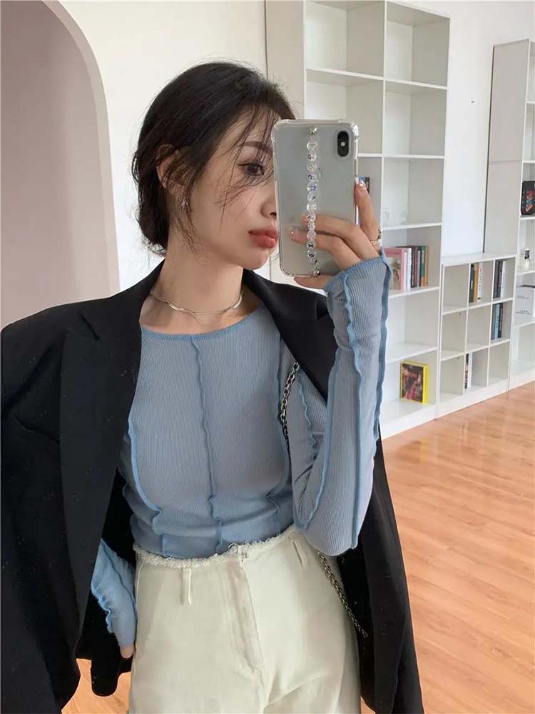 Camisetas de manga larga para mujer, camisetas de primavera lisas con cuello redondo, decoración de línea brillante elegante, camisetas informales suaves y suaves de alta calidad para mujer