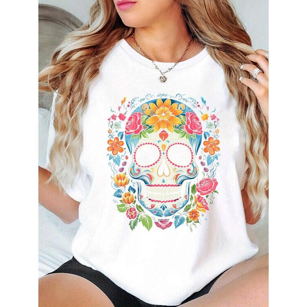 Women's Day of The Dead Skull Print T-Shirt - Casual Crew Neck Short Sleeve Top Machine Washable - Perfect for Spring and Summer