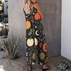 Women Spaghetti Strap Jumpsuit Retro Pop Art Star Heart Cosmic Print Wide Leg Pants With Pockets