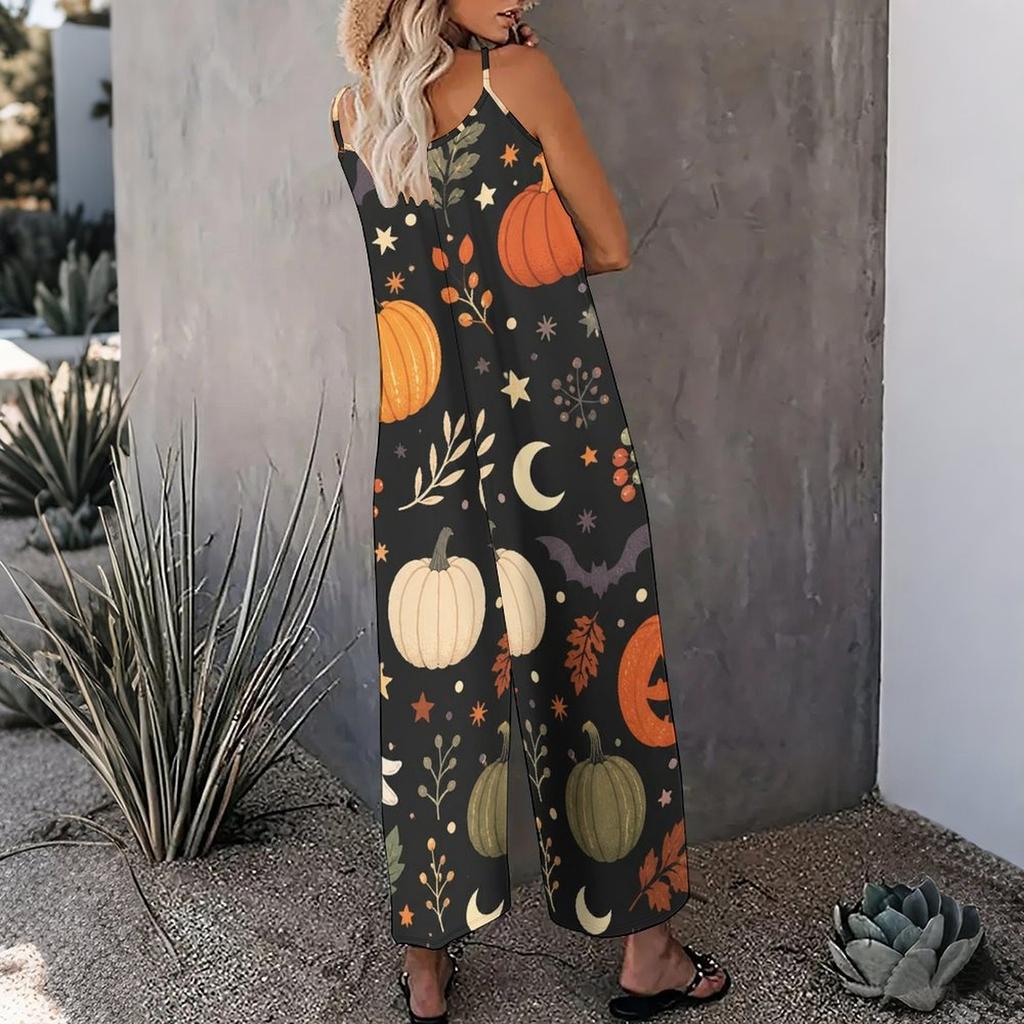 Women Spaghetti Strap Jumpsuit Retro Pop Art Star Heart Cosmic Print Wide Leg Pants With Pockets