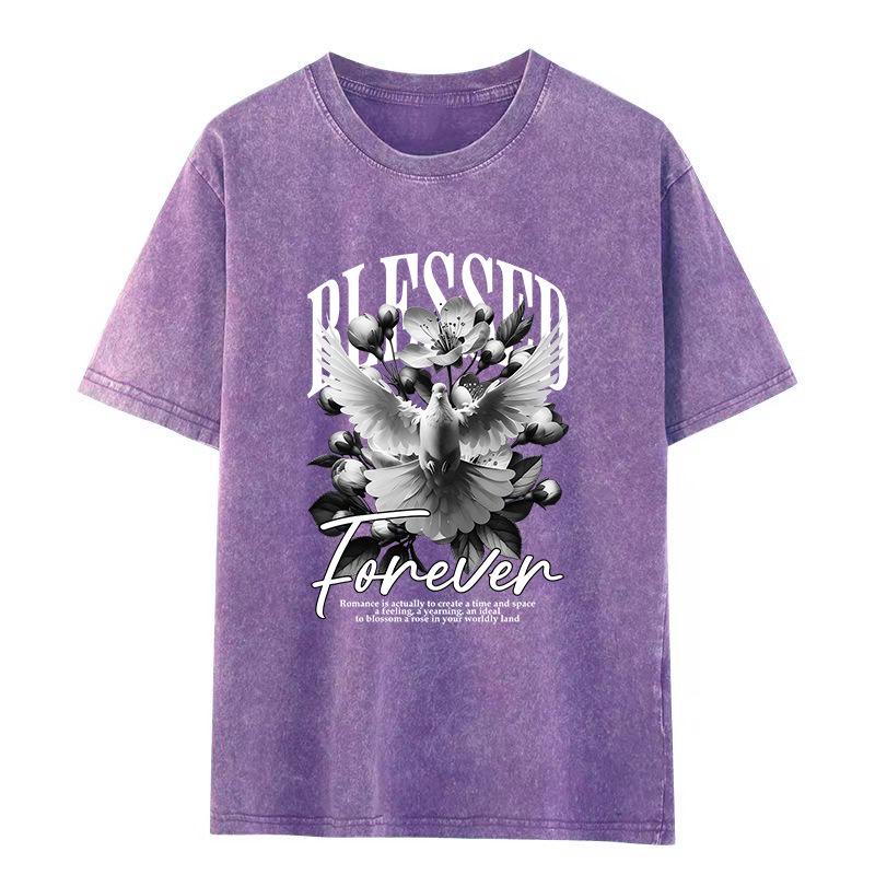 Unisex Retro Washed Distressed Heavyweight Cotton Short-Sleeve Emotional Couple T-Shirt XL фиолетовый