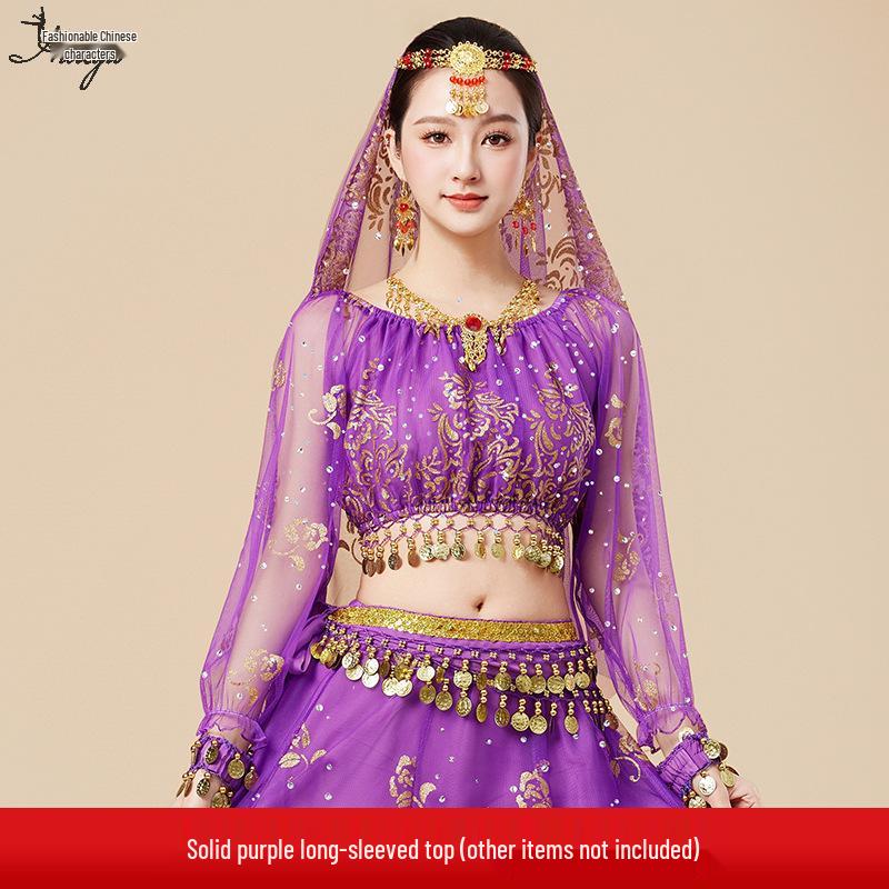 Fantasia de Apresentação de Dança do Ventre Indiana Huayu - Conjunto de Vestido de Manga Comprida de Chiffon para Mulheres