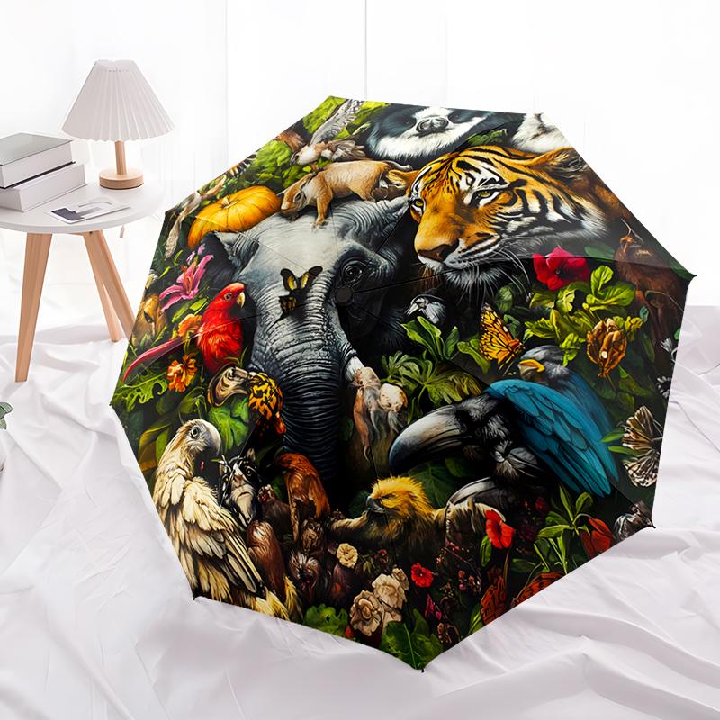 Animal World Design Folding Umbrella-Fashionable Auto-Open Design 8 Iron Ribs Plastic Handle Foldable Sunshade,Perfect Gifts