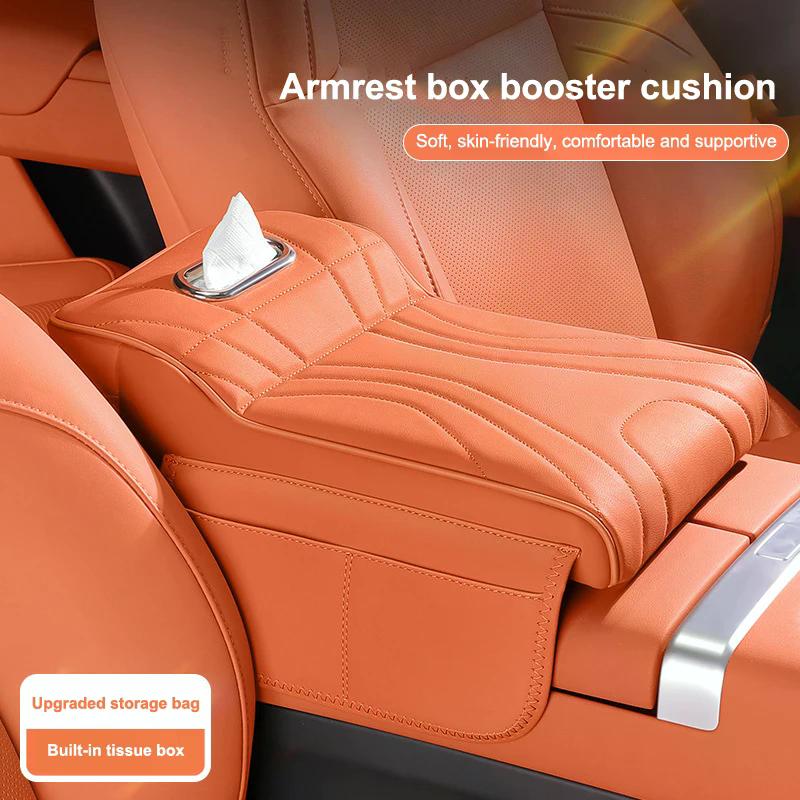 Car Center Console Armrest Cushion with Tissue Box Holder - Thickened Padding & Side Extension for Long-Drive Comfort