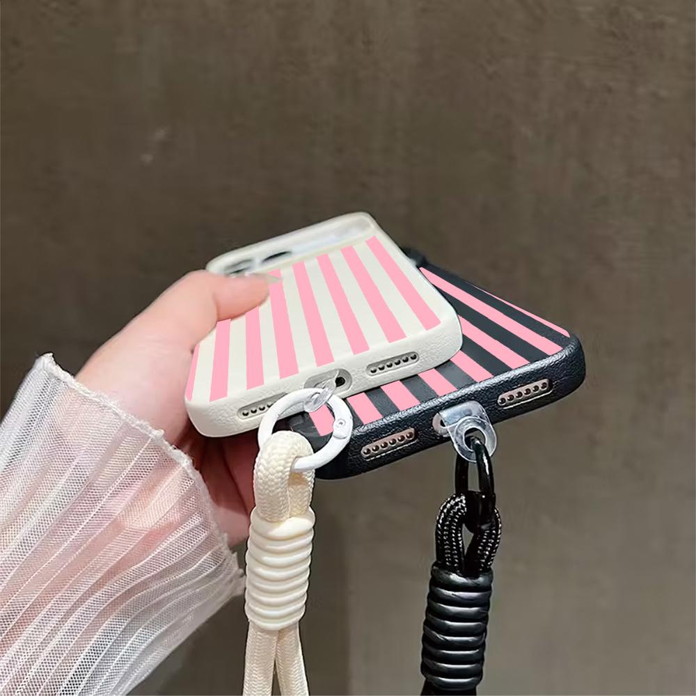 Striped Couple INS Hand Wrist Strap Case For iPhone 13 11 12 Pro Max Cases iPhone 15 17 14 16 Plus Minimalist With Lanyard Cover