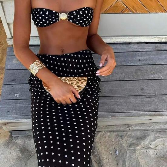 3Pcs/Set Women Swimsuit Set Chest Pad No Underwire Bandeau Bra Dot Print Swimming Briefs Set with Split Skirt Sexy Woven Beach Bikini Set