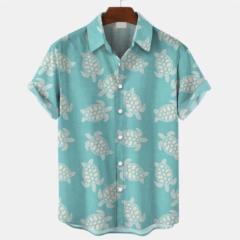 Marine Life Print Lapel Short Sleeve Men Shirt, Lightweight Loose Summer Casual Button Down Clothing