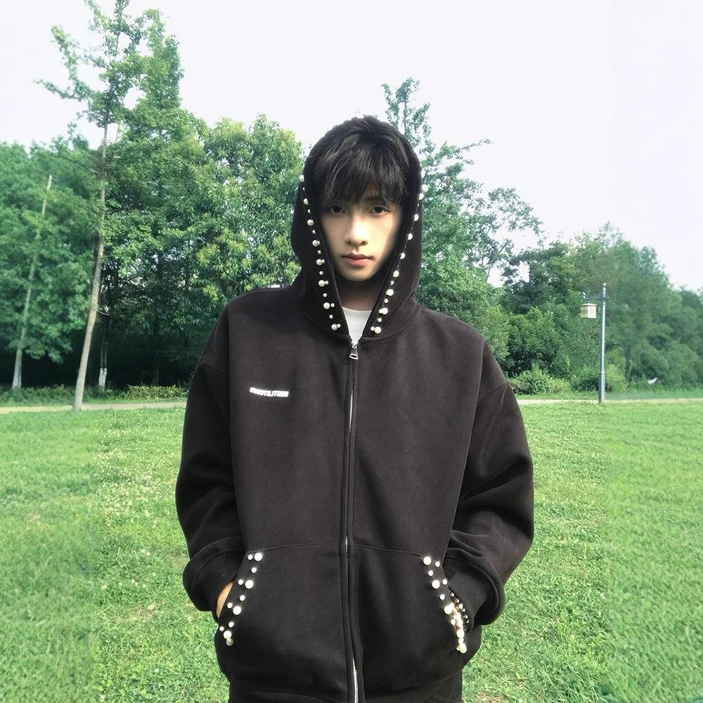 Pearl Hooded Cardigan Sweatshirt Men's Niche Beaded Design Couple Coat