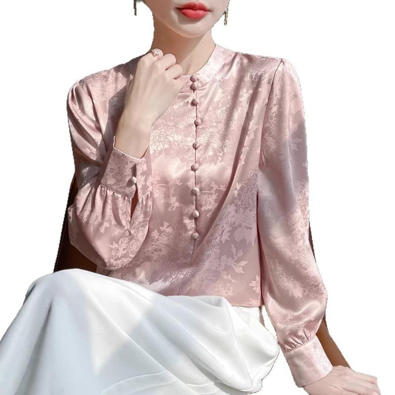 Women S Chinese Style Stand Collar Long Sleeve Printed Satin Shirt