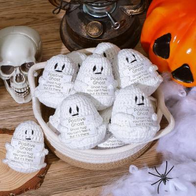 Kreativ Lustig Handgefertigt Gestrickt Positiver Geist Halloween Heimdekoration Gehäkelte Geist Katze Gestrickte Puppe mit Karte Weihnachtsgeschenk
