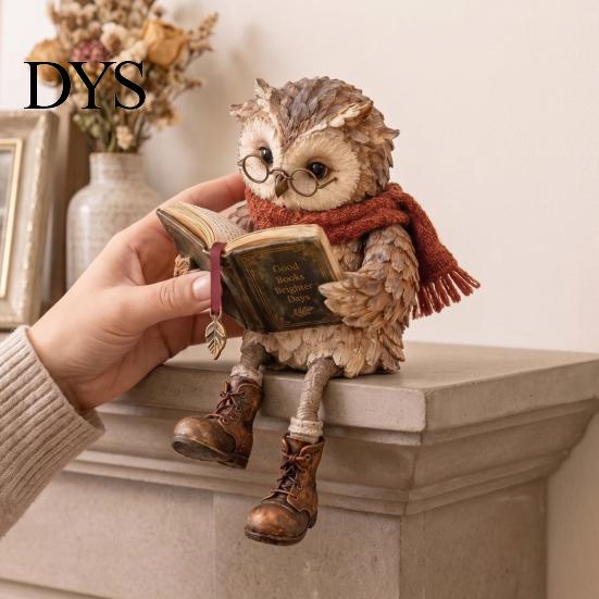Owl Figurine for Bookshelf Reading Figurine, Creative Statue with Glasses Scarf Boots And Open Book, Decorative Animal Figure Mantel Sculpture