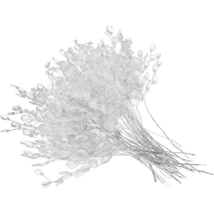 Taotenish 50pcs Artificial Flower Stem with Crystal Acrylic Beads Water Drop Diamante Flower Branches for Home Wedding Decor - White