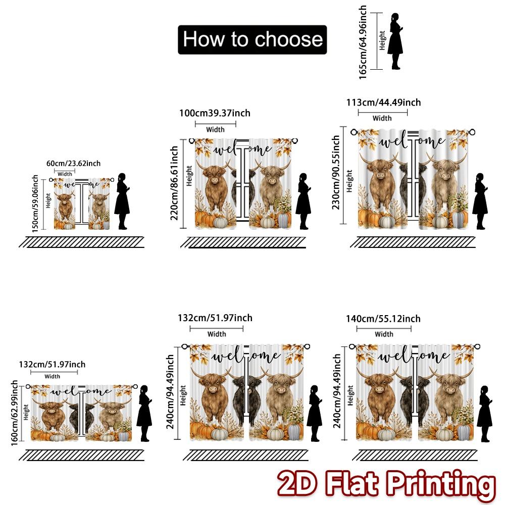 2D FLAT PRINTING 2pcs Curtains (Without Rod) Fall Welcome Highland Cows Popular Creative Curtains Semi-Sheer Curtains Easter