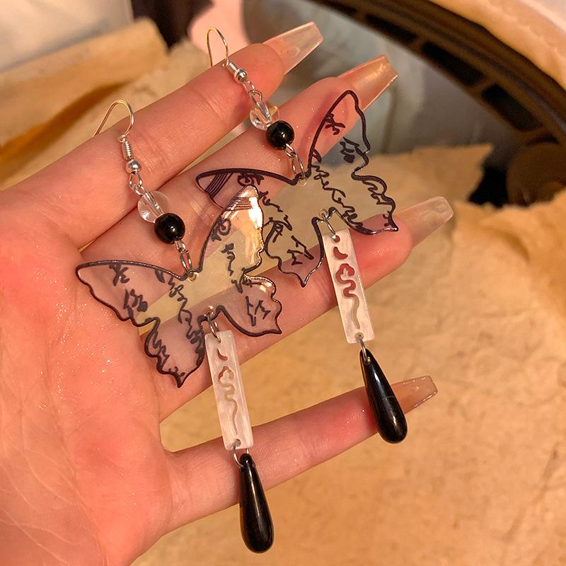 Chinese Ink Transparent Butterfly Tassel Eardrop Earrings
