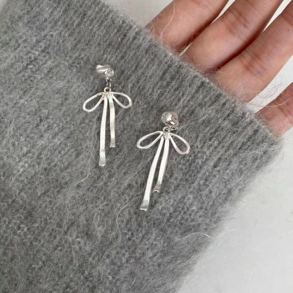 Balletcore Simple Earrings Grey Pearl Piercing Ear Stud Elegant Ribbon Bow Dangle Earrings  Women