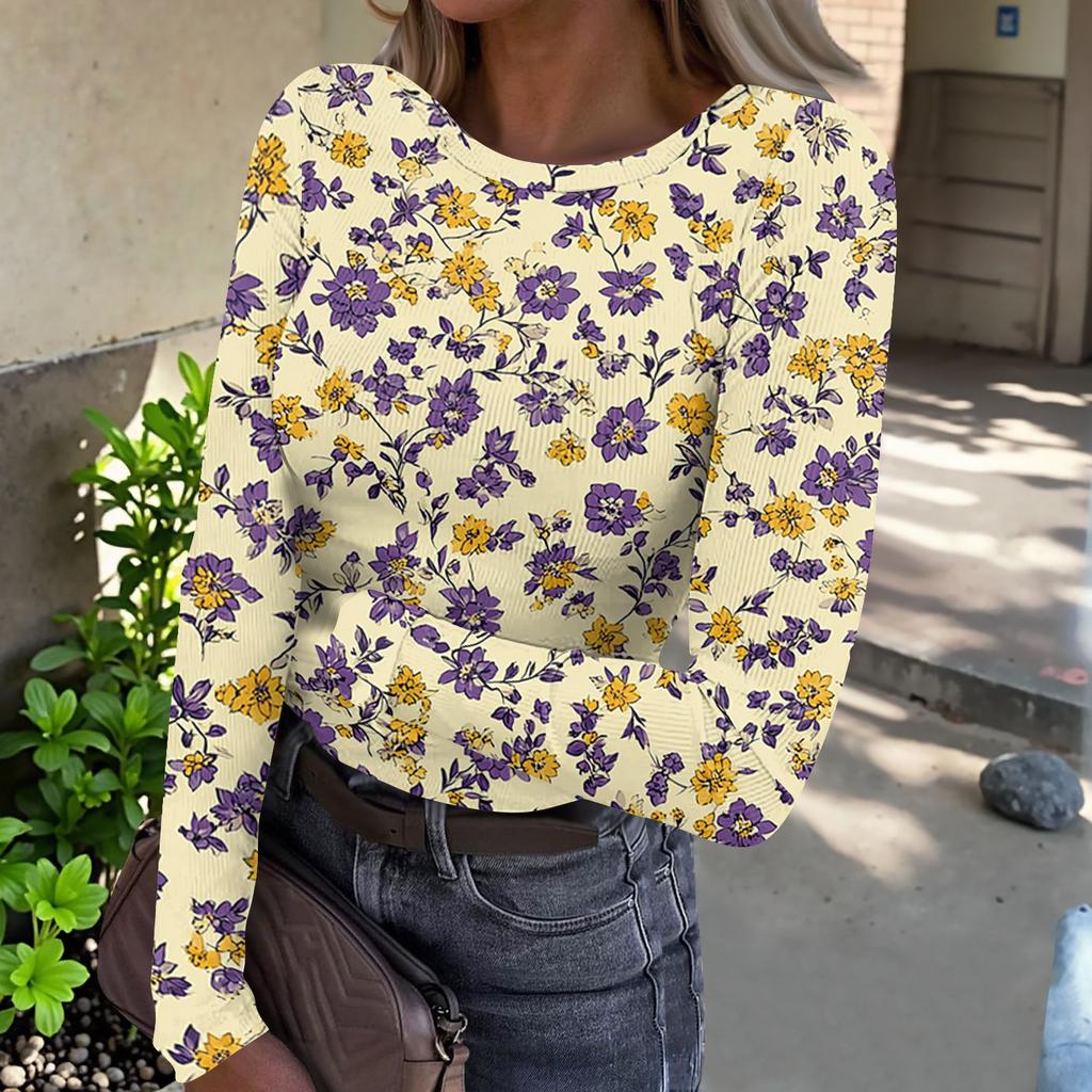 Women Casual Long Sleeve Crewneck Floral Print Ribbed Top Lightweight Pullover Loose Fit Soft Breathable Shirt for Daily Wear