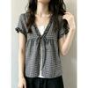 Summer new college style fake two-piece plaid short-sleeved shirt women's fungus edge loose and thin versatile top