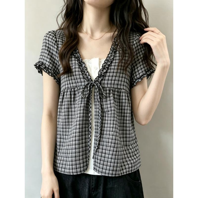 Summer new college style fake two-piece plaid short-sleeved shirt women's fungus edge loose and thin versatile top