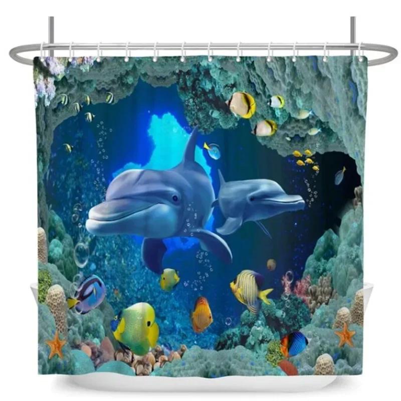 Underwater World Bathroom Shower Curtain Sea Turtle Dolphin Ocean Creature Landscape Bath Curtains Children Cloth Bathroom Decor